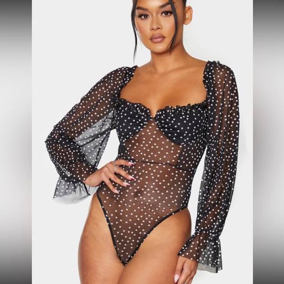 PrettyLittleThing Tops - Black Mesh Polka Dot Bodysuit